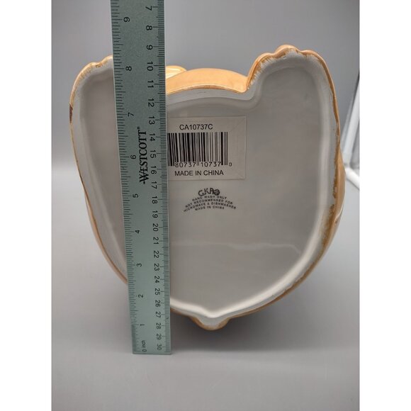 10" Orange Tabby Smiling Cat Holding Fish Ceramic Cookie Jar & Box, CKAO China - Picture 13 of 17